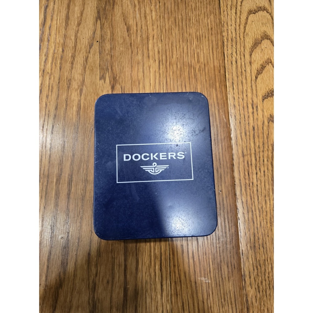 Dockers Men's Leather Bifold Wallet Gift Tin Box Navy Blue Storage Display Case